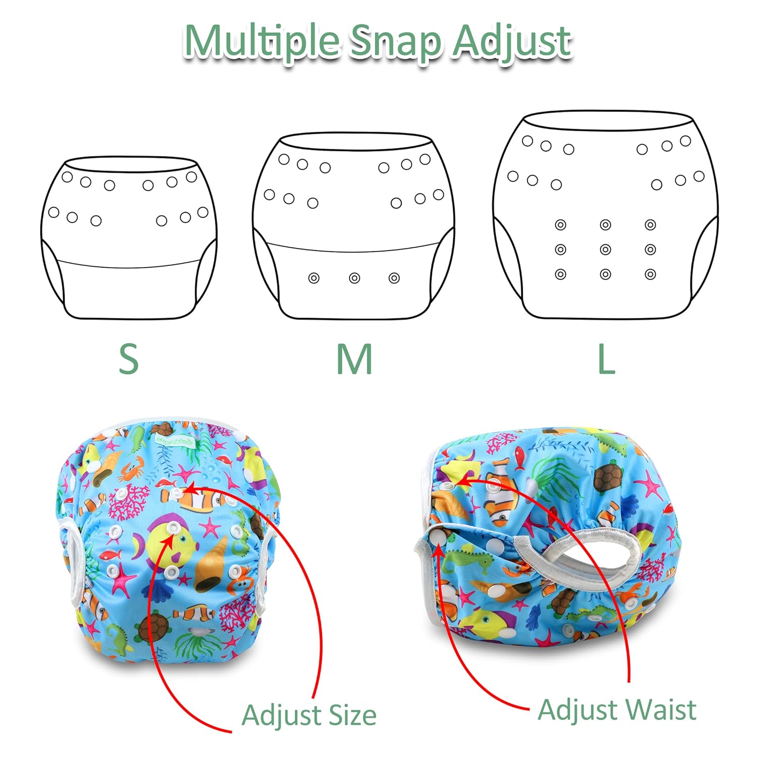 wegreeco Baby & Toddler Snap One Size Adjustable Reusable Baby Swim Diaper (Diving, Ocean, Turtle, Large, 3 Pack) - Image 4